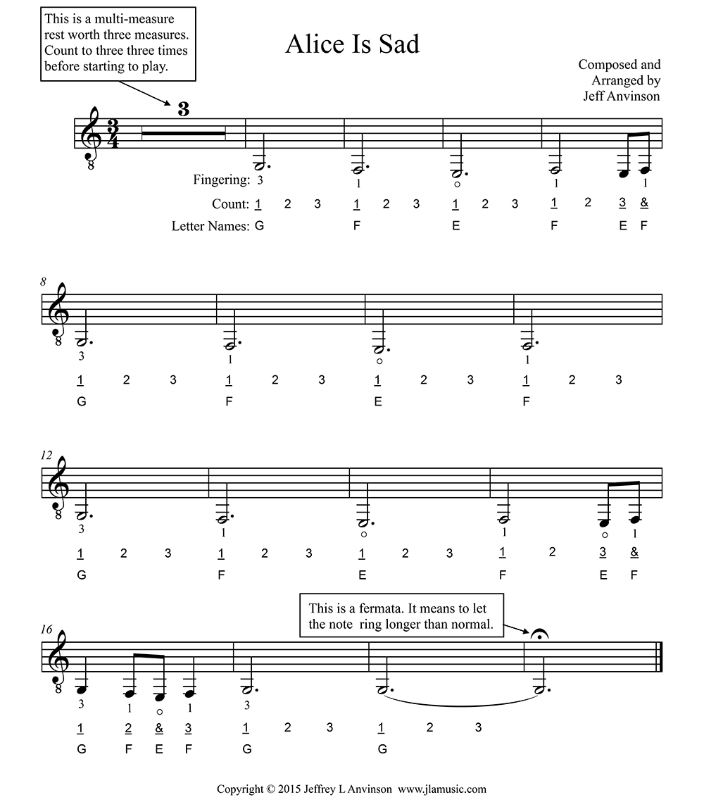 "Alice Is Sad", Music for the Notes E, F, and G on the Sixth String in First Position, Copyright 2015 Jeffrey L Anvinson